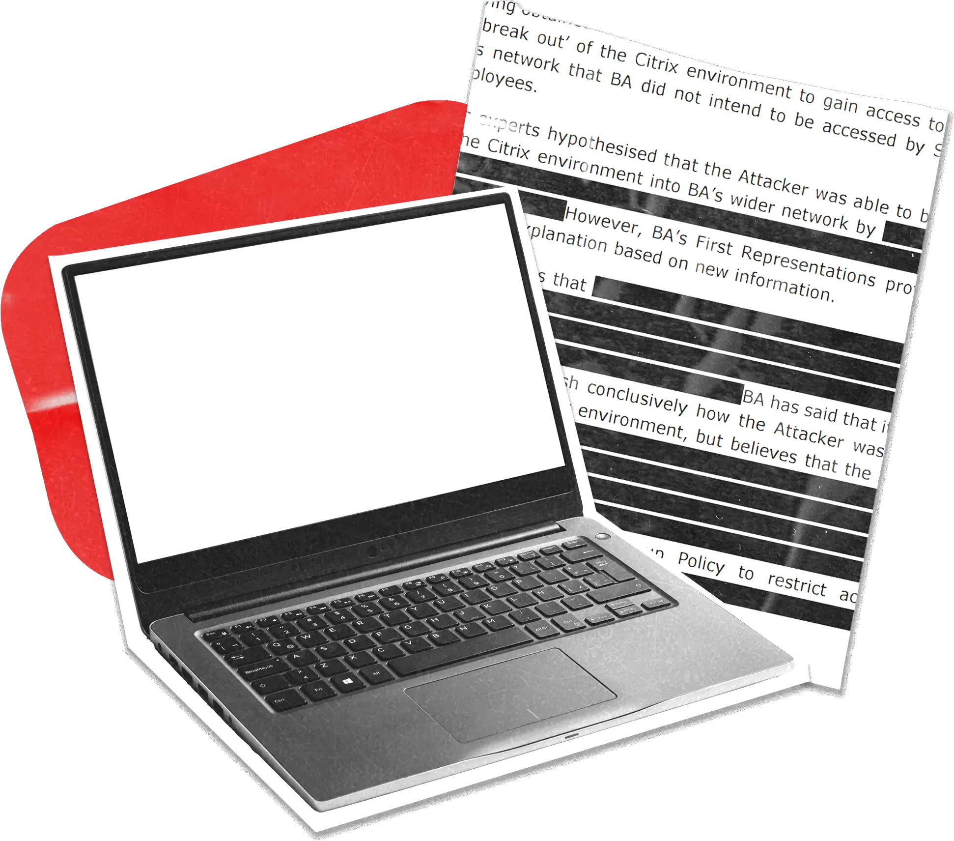 A stack of paper cutouts, one of which is a laptop on top of a cutout of information from the British Airways penalty notice